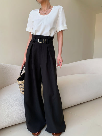 high waist slim wide black pants