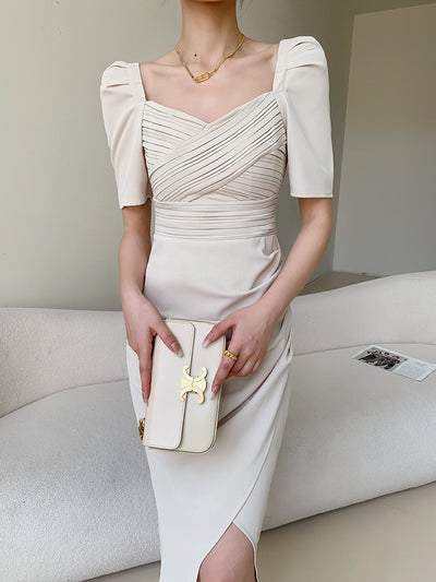 puff sleeve white beige drape slit dress