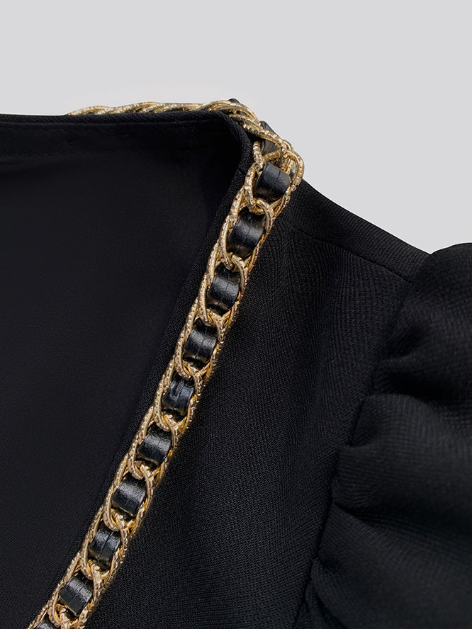 chain square neck puff sleeve black dress