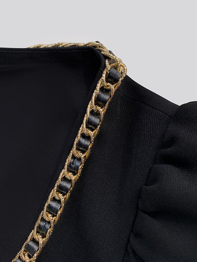 chain square neck puff sleeve black dress