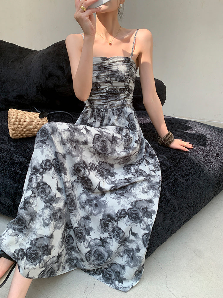 flower print monotone long dress