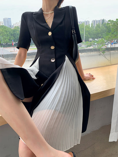 black short sleeve suit style pleats one piece