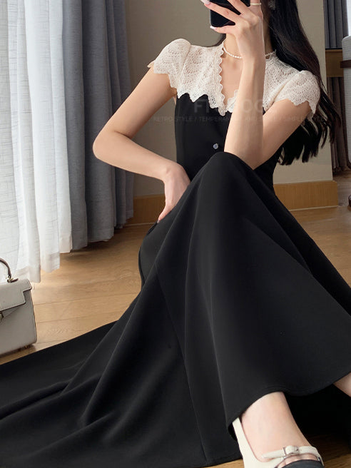 french retro lace flare long one piece
