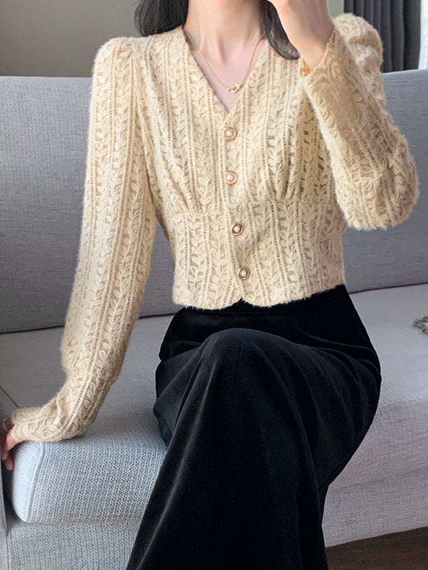 v neck knit short lace cardigan