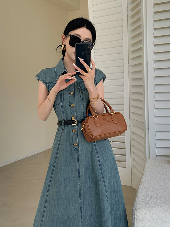 blue denim flare long one piece