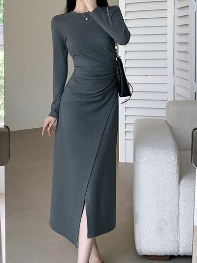 gray long sleeve slit long dress