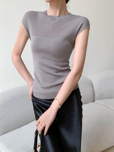 french sleeve sheer rib knit slim tops