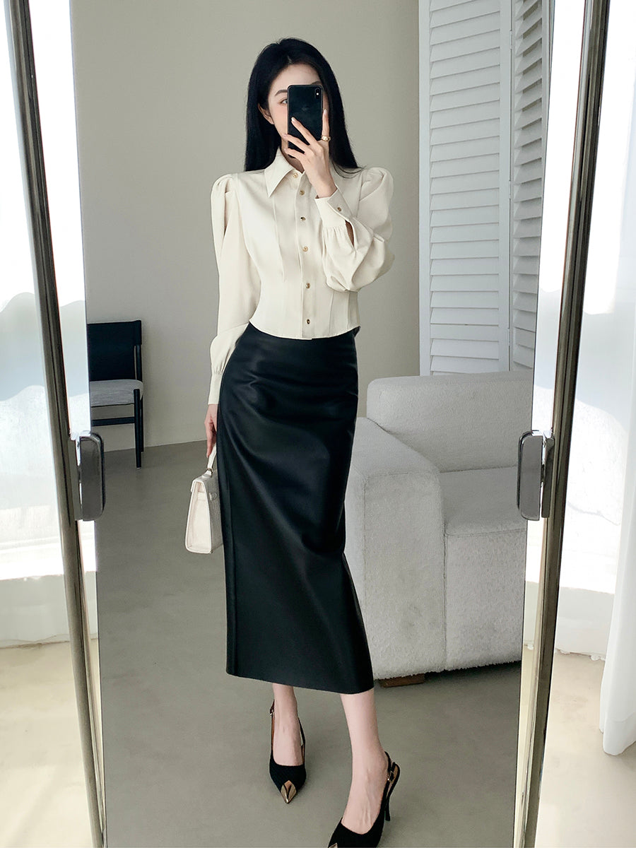 puff long sleeve white beige shirt