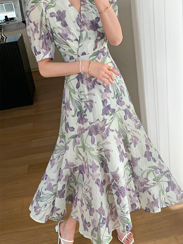 v neck flower tencel long one piece