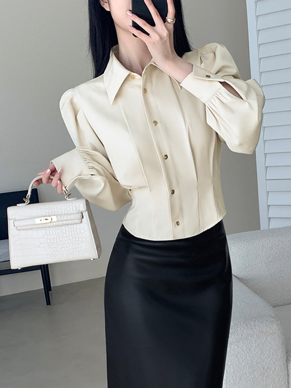 puff long sleeve white beige shirt
