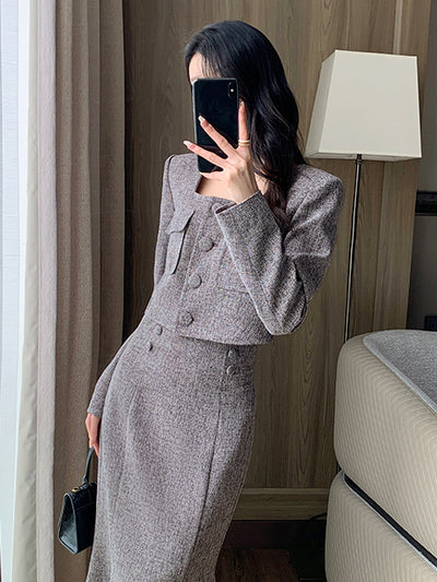 gray brown square collar short French jacket