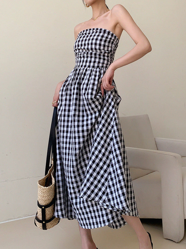 black plaid tube top a line long dress