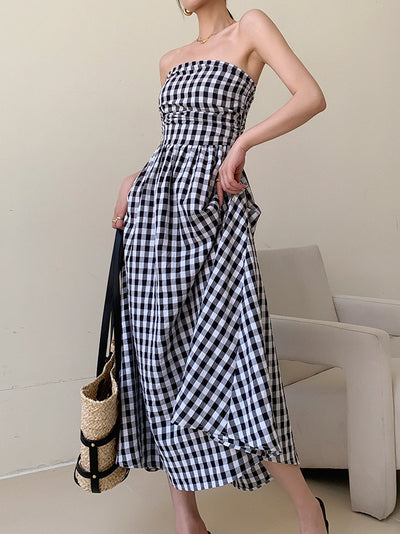 black plaid tube top a line long dress