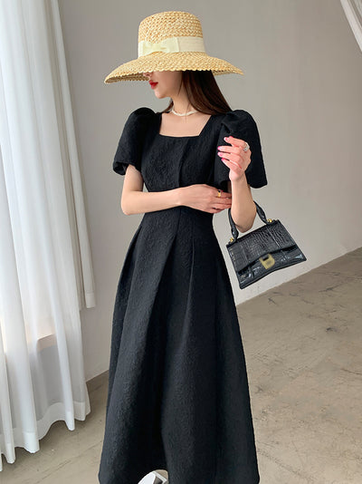 square neck waist puff sleeve flare long black dress