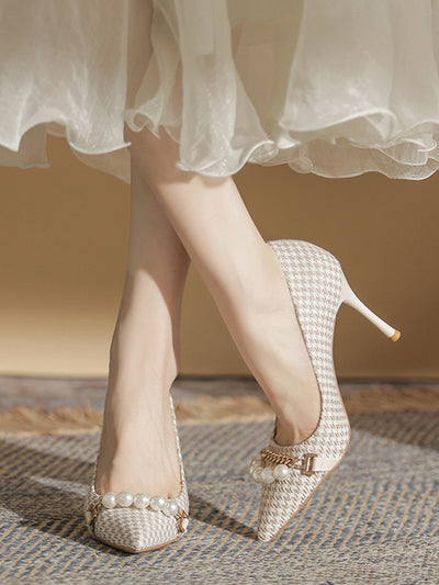 houndstooth pearl chain pointed toe high heels