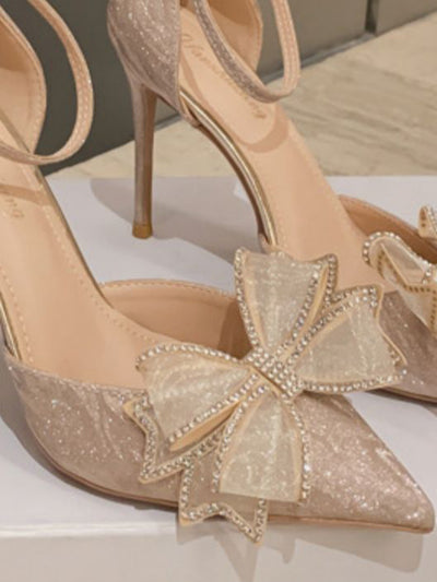 rhinestone ribbon pointed toe pumps