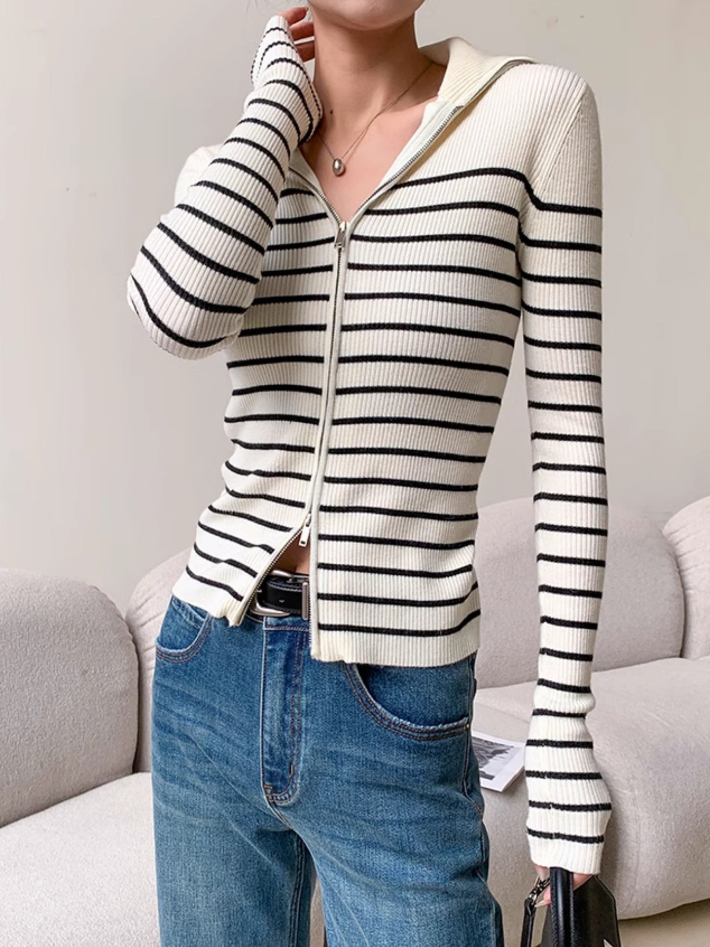 striped zipper knit tops