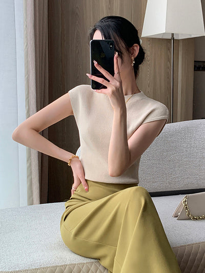 round neck french sleeve slim fit light beige tops
