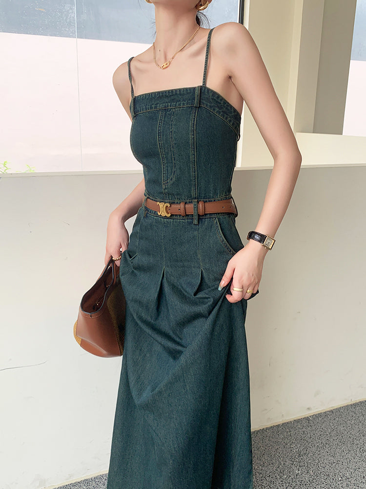 vintage blue denim camisole pleats long one piece
