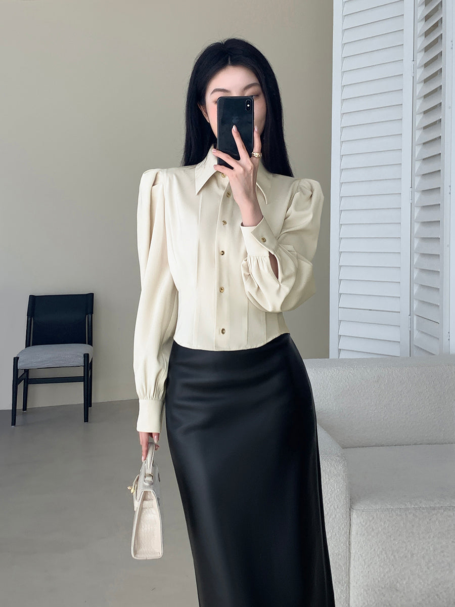 puff long sleeve white beige shirt