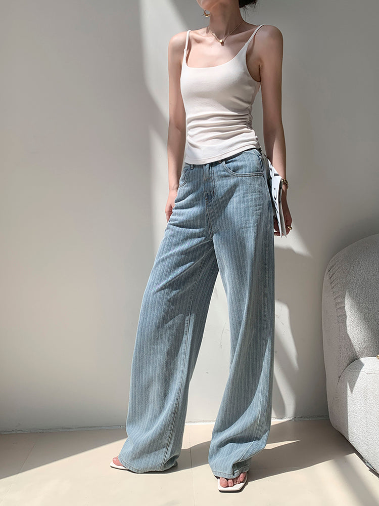 high waist light blue stripe wide pants