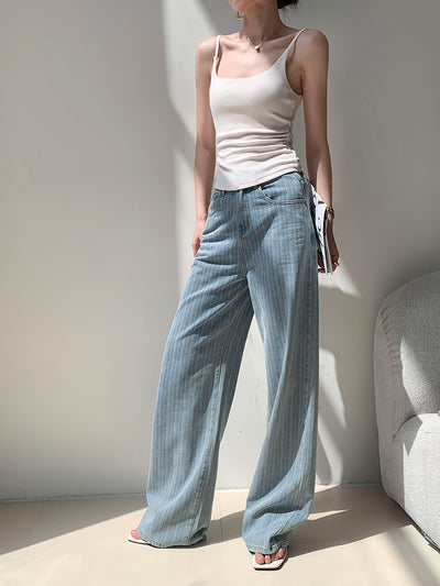 high waist light blue stripe wide pants