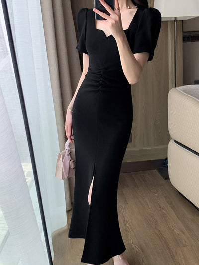 tight style slit square neck black dress