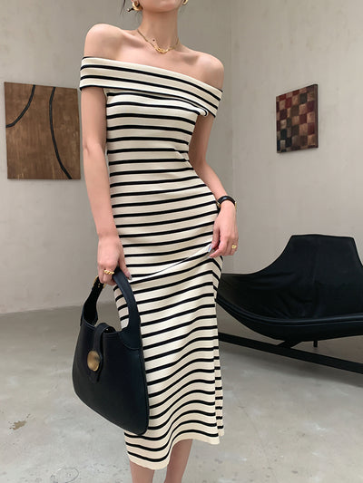 striped off shoulder knit long one piece
