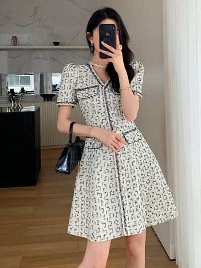v neck button tweed check short one piece