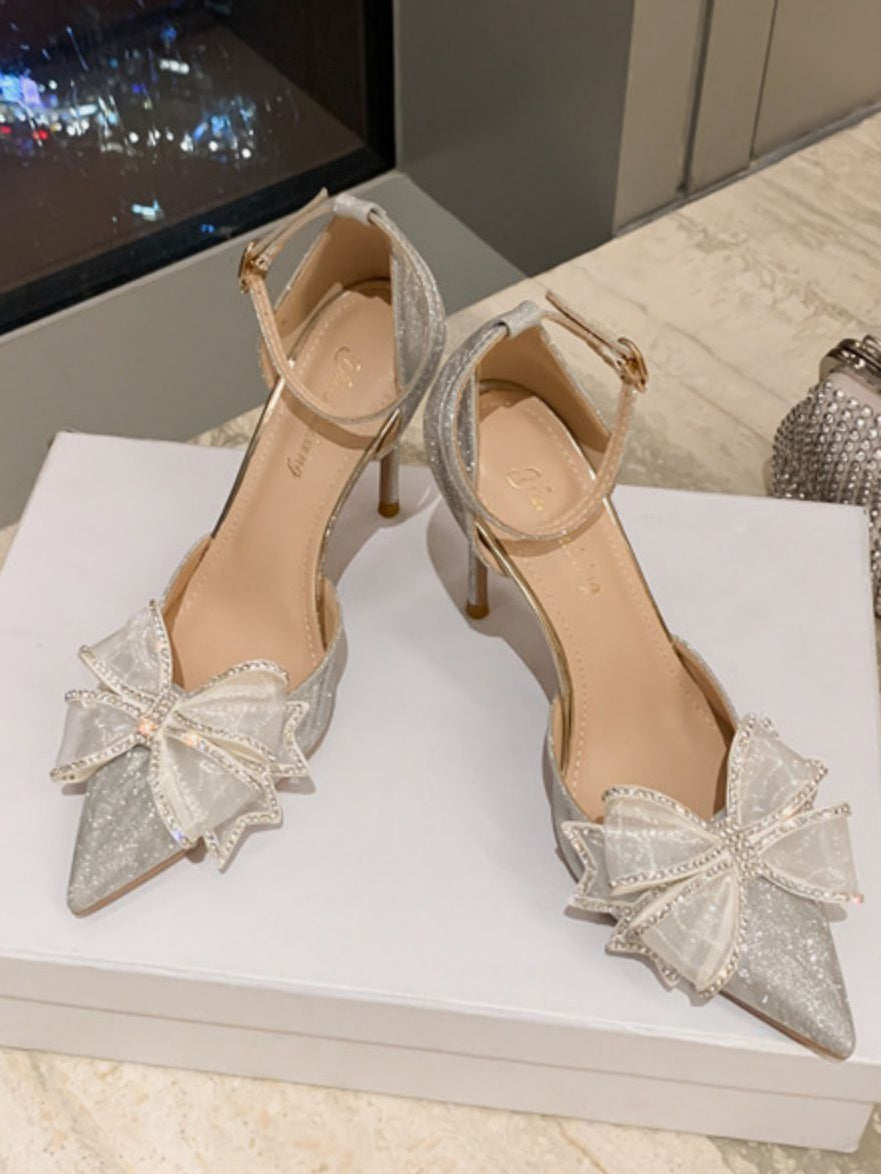 rhinestone ribbon pointed toe pumps