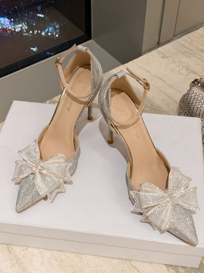 rhinestone ribbon pointed toe pumps