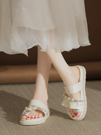 flat ruffle pearl bijou sandals