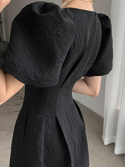 square neck waist puff sleeve flare long black dress