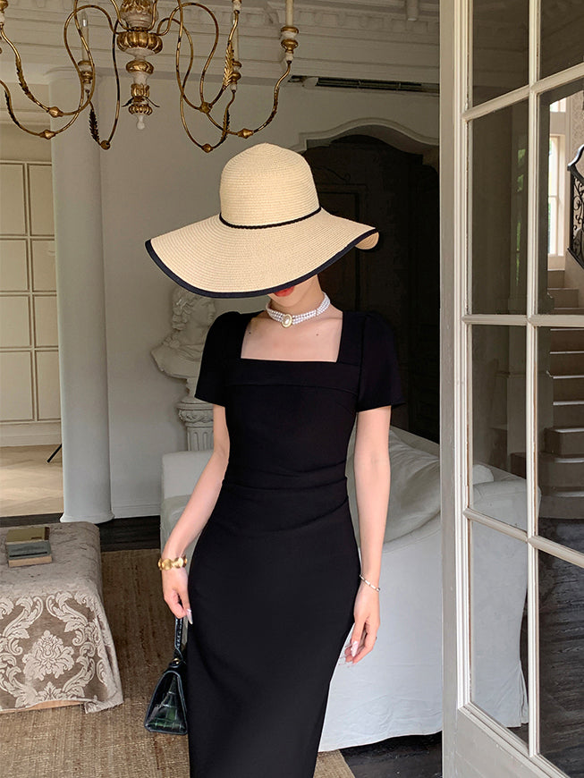 square neck black elegant dress