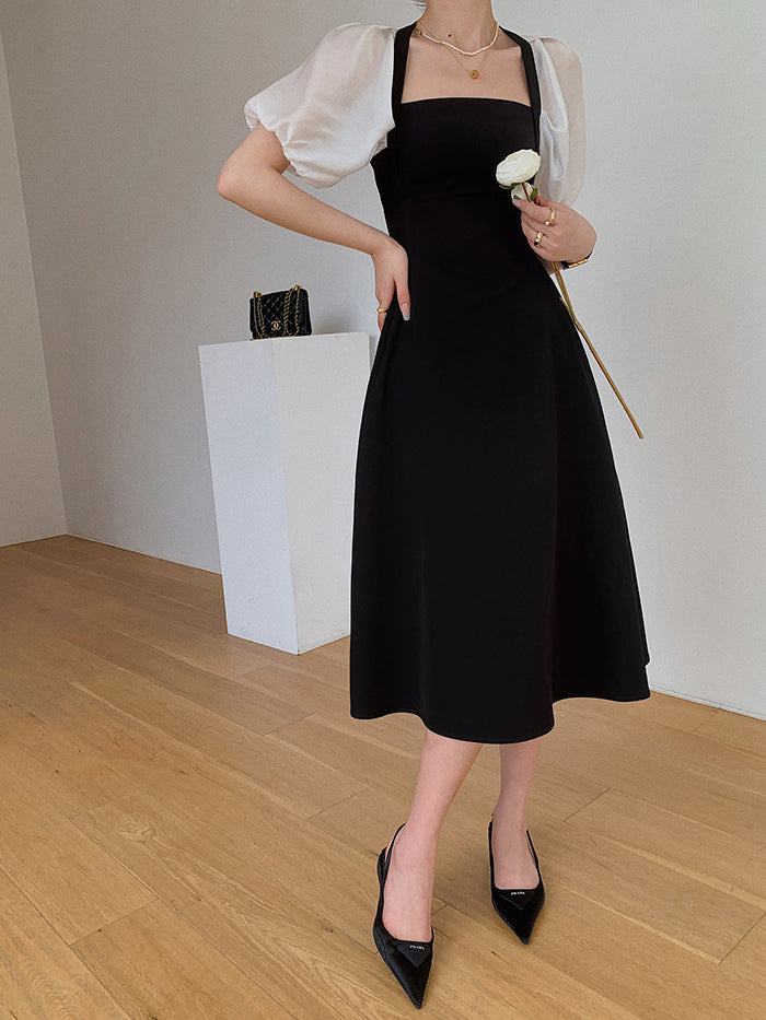 square neck puff sleeve bicolor dress