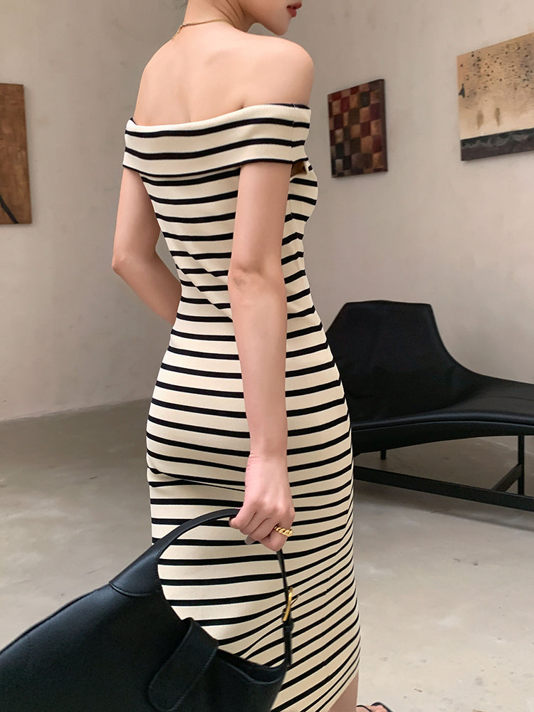 striped off shoulder knit long one piece