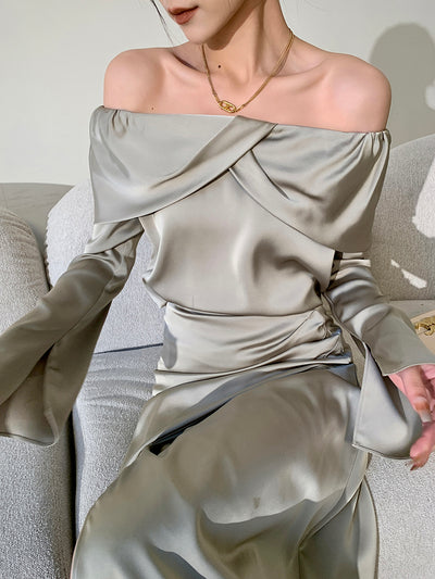 satin off shoulder draped tops