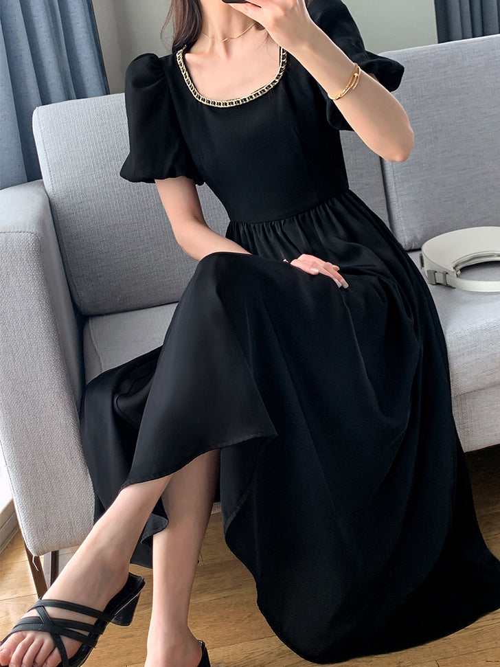 chain square neck puff sleeve black dress