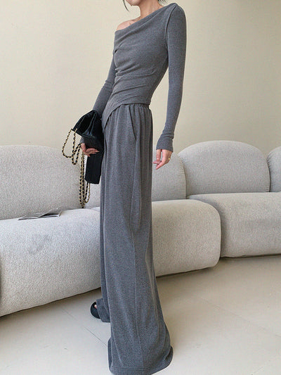 off shoulder asymmetry pants setup