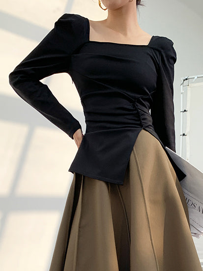 square collar slim slit tops