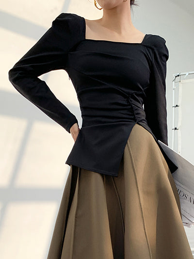 square collar slim slit tops