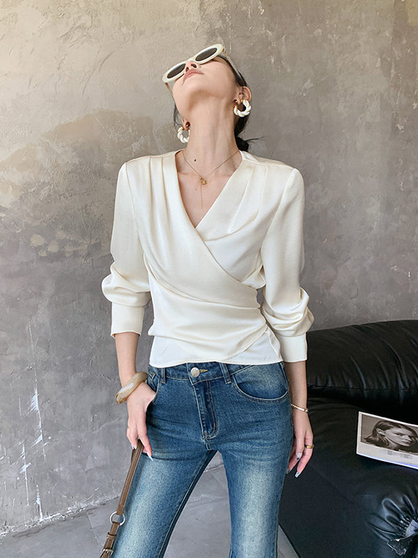 off white v neck waist cross long sleeves shirt