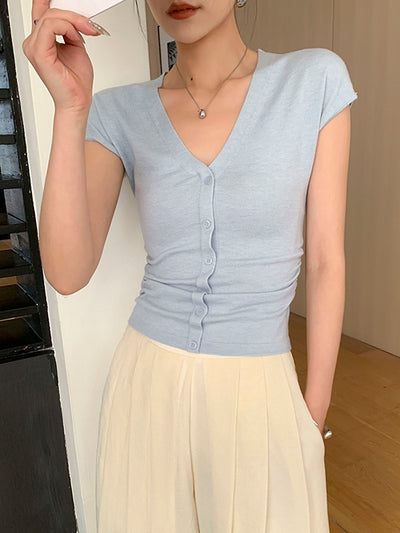 v neck button summer knit tops