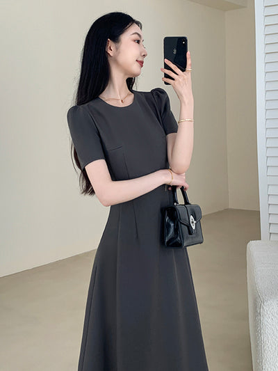 u neck gray flare long dress