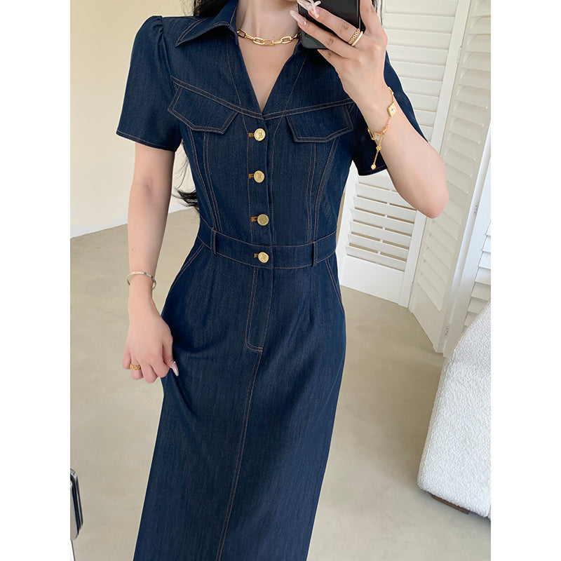 dark blue denim tight long one piece