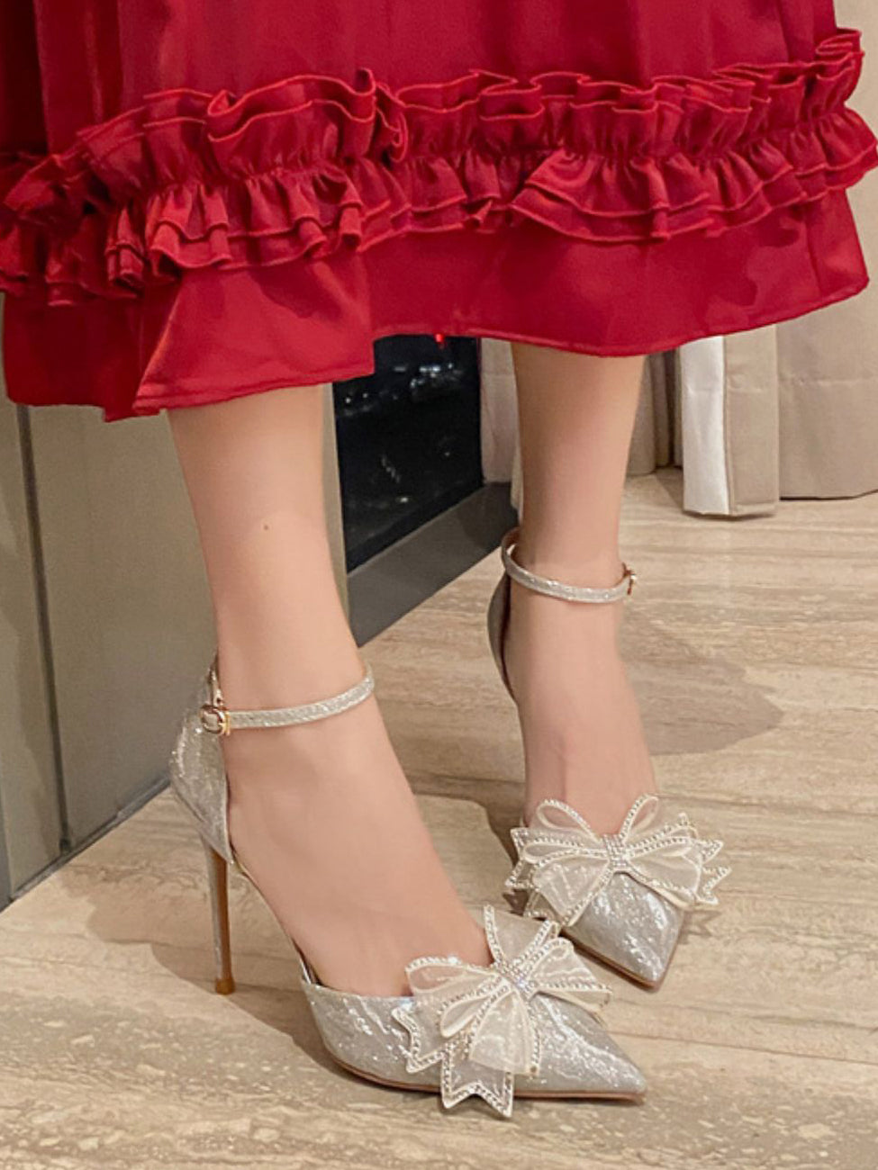 rhinestone ribbon pointed toe pumps