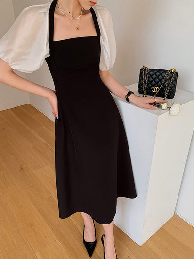 square neck puff sleeve bicolor dress