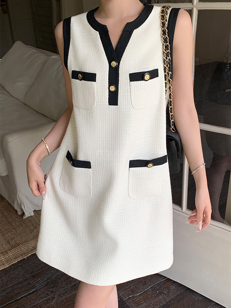 sleeveless button tweed mini one piece