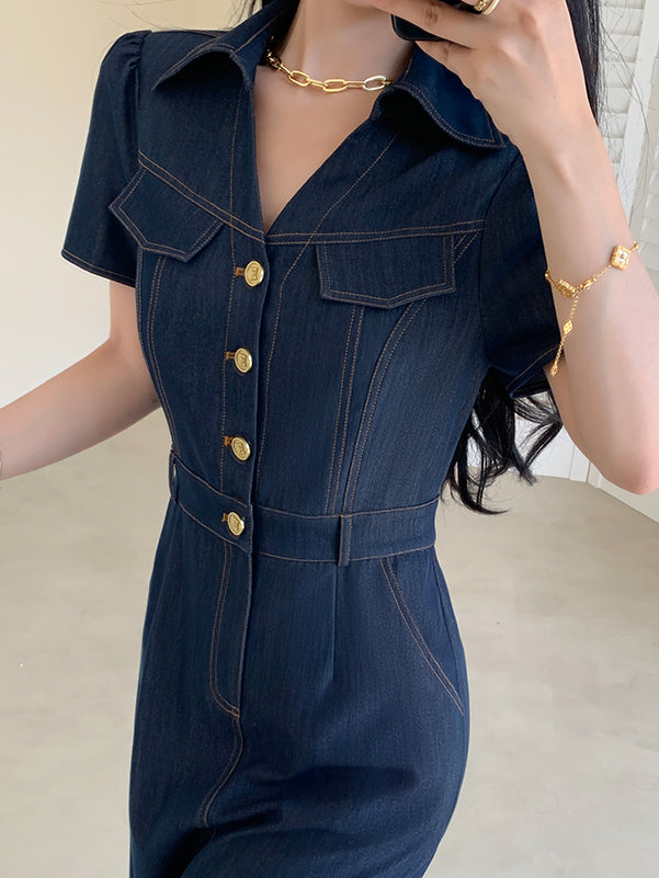 dark blue denim tight long one piece