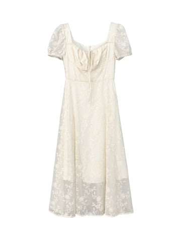 square neck puff sleeve lace long dress